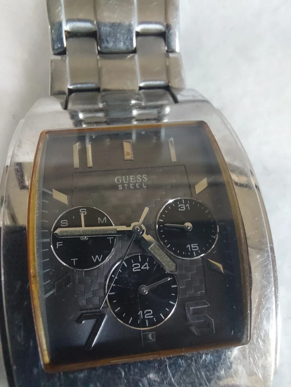 GUESS Steel Square Tank Watch Gunmetal Dial Subdials Silver Tone - Needs Battery